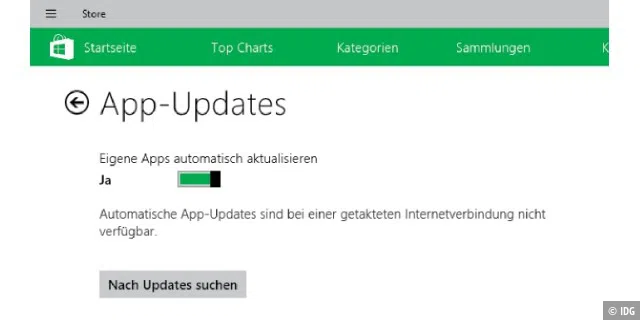 Der Windows Store kann App-Updates bei ihrer Verfügbarkeit automatisch installieren, sofern Sie die entsprechende Funktion einschalten.