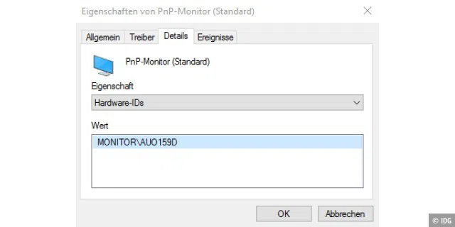 Wenn Windows einen Standardtreiber nutzt, bekommen Sie über die Hardware-ID den eigentlichen Gerätehersteller heraus – zum Beispiel bei einem Monitor.