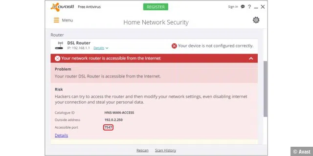 Der Heimnetzwerk-Sicherheits-Scan in Avast untersucht auch die DSL-Router auf gefährliche Lücken.