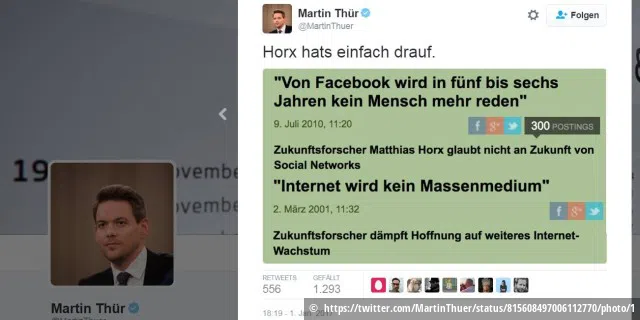Martin Thür veröffentliche auf seinem Twitterkanal eine Zusammenstellung von Zitaten des selbst ernannten Zukunftsforschers Matthias Horx.