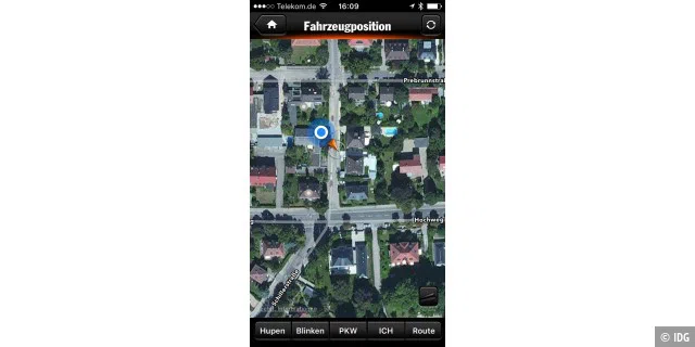 Die Car-Connect-App zeigt die Position des Fahrzeugs auf einer Google-Karte an.