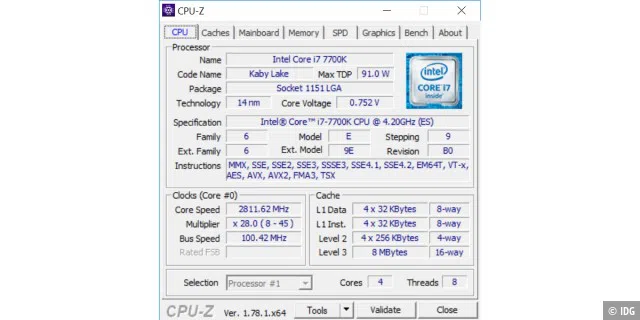Die technischen Daten des Intel Core i7-7700K in CPU-Z.