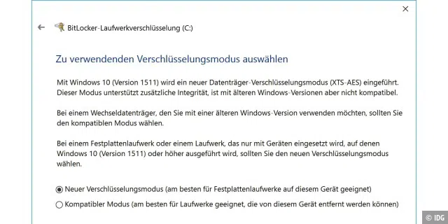 Da der Verschlüsselungsmodus mit Windows 10 Pro Version 1511 geändert wurde, sollten Sie die neue Variante ausschließlich für lokale Laufwerke verwenden.