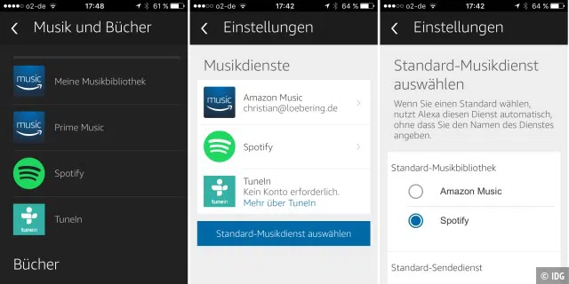 Amazon Alexa unterstützt neben Amazon Music und Audible auch Spotify. Über die App können die Konten verknüpft, und die Standard-Dienste zugewiesen werden.