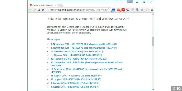 Auf dieser Website sehen Sie die aktuellen Updates für Windows 10 inklusive der Build-Nummer. Diese Nummer vergleichen Sie mit der Angabe in den Windows-Einstellungen.