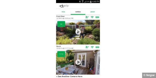 Die Arlo App kann sich durchaus sehen lassen. Auf einen Blick zeigt das Dashboard zwei Kameraaufnahmen.