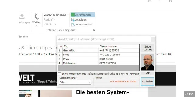 Fritz!Box Telefon-dingsbums: Das Outlook-Addin ermöglicht das direkte Wählen der Kontakte in Outlook. Zusätzlich bietet es Funktionen wie einen Anrufmonitor und Rückwärtssuche.