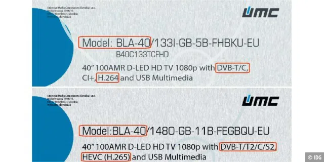 Beim TV-Kauf gilt es, genau auf die technischen Standards zu achten: Die Typenbezeichnung dieser beiden Fernsehermodelle desselben Herstellers beginnt gleich, doch nur das untere unterstützt HEVC und eignet sich damit für das deutsche DVB-T2 HD.