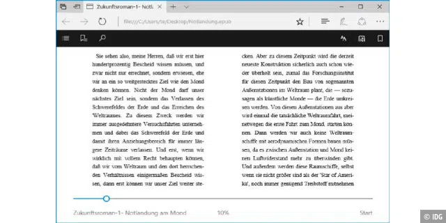Bücher lesen: Der Edge-Browser kann jetzt Bücher im Epub-Format anzeigen und bei Bedarf vorlesen. Die Sprachausgabe ist verständlich und macht nur wenige Fehler.