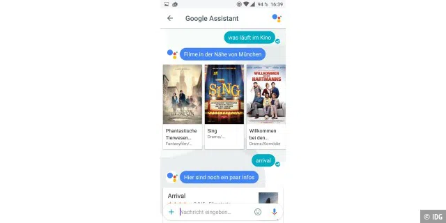 Mit dem Google-Assistenten im Messenger Allo können Sie sich über Dinge wie die Abendplanung unterhalten und etwa bei der Auswahl eines Kinofilms helfen lassen.