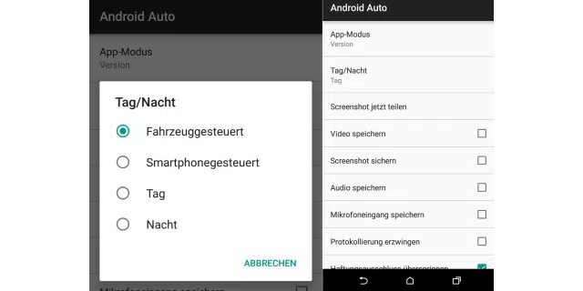 Sobald Sie den Entwicklermodus aktiviert haben, können Sie das automatische Umschalten auf die Nachtansicht beenden. Der Screenshot zeigt den Entwicklermodus von Android Auto auf einem HTC One M9.