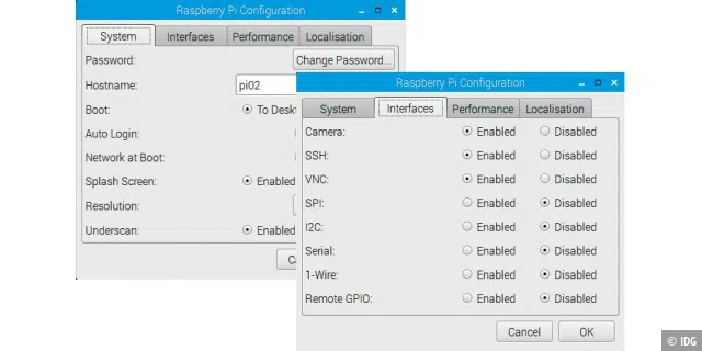 Basiskonfiguration: Über „Preferences -> Raspberry Pi Configuration“ ändern Sie das Passwort des Benutzers „pi“ und aktivieren beispielsweise „SSH“ für den Fernzugriff.