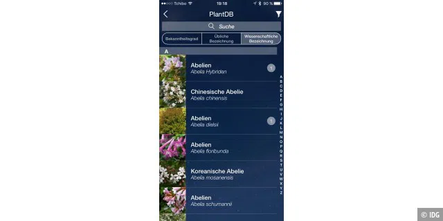 Aus der Pflanzendatenbank wählen Sie Ihre Pflanze aus. Damit weiß die App, welche Umgebungsbedingungen Ihre Pflanze benötigt.