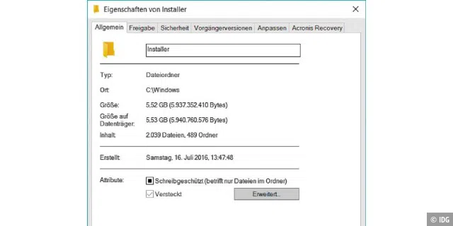 Im Windows-Ordner „Installer“ werden Setup-Dateien von Programmen abgelegt, aber auch Dateien vom Windows-Update. Da kommt einiges an Speicherplatz zusammen.