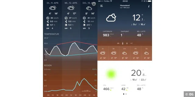 Die App zeigt eine detaillierte Wetterprognose für die nächsten Tagen (linker Screenshot), auf dem rechten Screenshot sehen wir die aktuelle Situation.