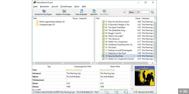 Music Brainz Picard erkennt einzelne MP3-Songs, nennt Interpret und Titel ? und zeigt schließlich die komplette Songliste inklusive des Albumcovers an.