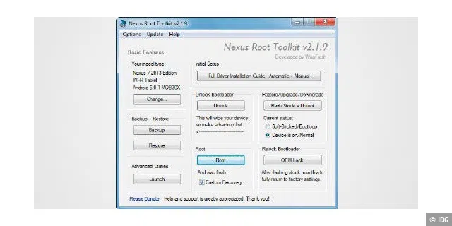 Mit dem „Nexus Root Toolkit“ können Sie Ihr Gerät sichern, den Bootloader entsperren, das Gerät rooten und eine Recovery-Lösung installieren.