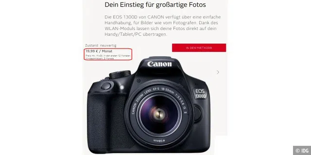 Knapp 20 Euro monatliche Miete verlangt Otto für diese Kamera von Canon, die Mindestvertragslaufzeit beträgt bei dem Versandhandelsunternehmen drei Monate.
