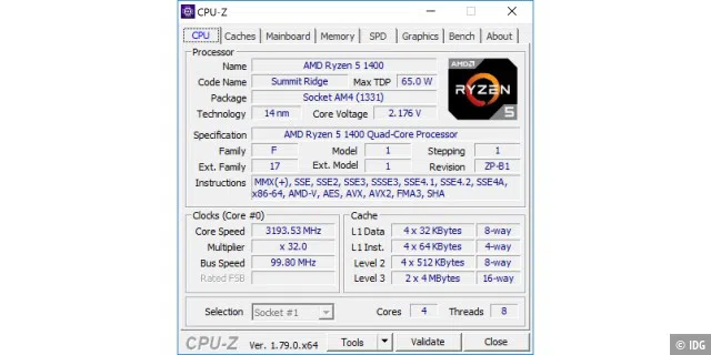 CPU-Z zeigt die technischen Daten des Ryzen 5 1400.