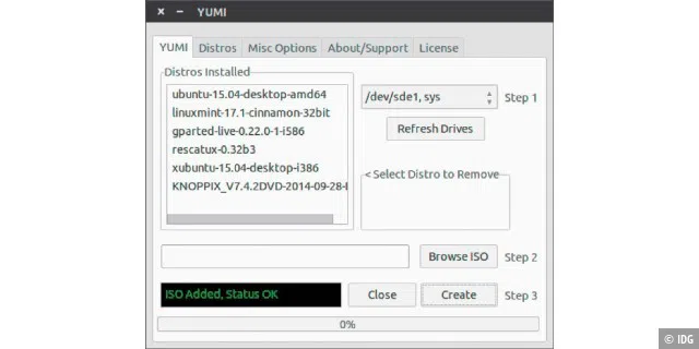 Werkzeugkasten auf einem Stick: Yumi erstellt unter Linux aus ISO-Dateien einen bootfähigen USB-Stick mit mehreren Systemen. Der USBStick muss mit dem Dateisystem FAT32 formatiert sein.