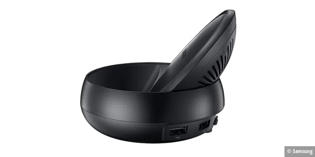 Das Samsung DeX bietet Anschlüsse für den Monitor, Maus und Tastatur, LAN-Kabel sowie Strom.