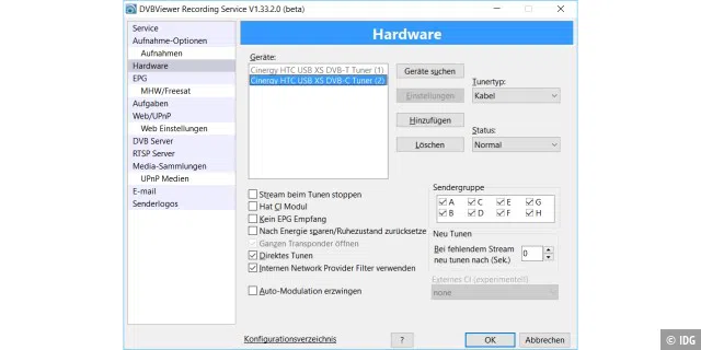 DVB Viewer Recording Service: Unter „Hardware“ sehen Sie in der Konfiguration die gefundenen Geräte.