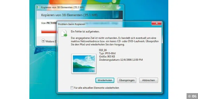 Kaum Chancen für Dateimanager: Sind Blöcke von Dateien, hier auf einer älteren CD-R unter Windows 7, nicht mehr ganz lesbar, geben übliche Dateimanager recht schnell nach dem ersten Lesefehler auf. Dann müssen Spezial-Tools her.