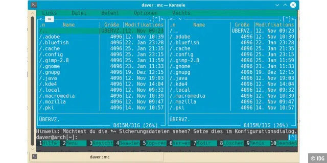 Wichtiges Tool in der Shell: Der Midnight Commander ist ein Zwei-Fenster-Dateimanager für die Kommandozeile, der Dateioperationen im Textmodus deutlich vereinfacht.