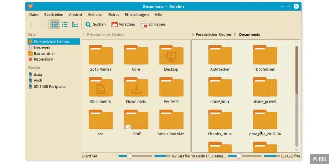 Dateimanager Dolphin in KDE: Mit dem geteilten Fenster hat das KDE-Programm mehr zu bieten als die einfacher gehaltenen Dateimanager von Gnome, Unity, Mate und Cinnamon.