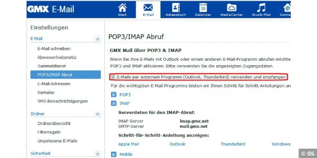 Falls das Einrichten des Mailkontos in Outlook oder Thunderbird Probleme bereitet, kontrollieren Sie bei Ihrem Provider, ob dort der Imap-Abruf aktiviert ist. Häufig ist die Option aber ohnehin schon eingeschaltet.