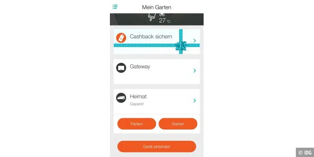 Die Gardena Smart Garden App. Gardena-App: Der Sileno steht in der Ladestation und wartet darauf, dass wir ihn per App starten.