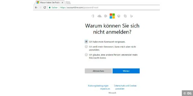 Wer sich mit einem Microsoft-Konto bei Windows anmeldet, kann das Passwort über einen Webdienst in wenigen Minuten zurücksetzen.