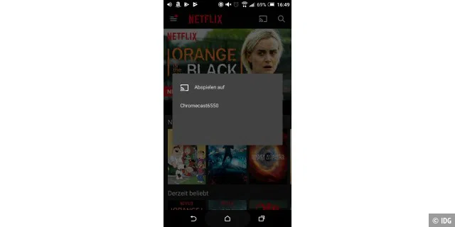 Um Netflix-Videos von Ihrem Smartphone auf den Fernseher zu streamen, tippen Sie auf das viereckige Cast-Symbol und wählen Ihren Chromecast aus der Liste aus.