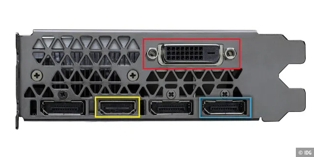 Die Videoschnittstellen im Überblick: DVI (rot), HDMI (gelb) und Displayport (blau). Nicht im Bild ist der veraltete, analoge VGA-Anschluss.
