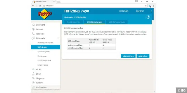 Bei den aktuellen Modellen der Fritzbox können Sie beim USB-Modus zwischen der schnellen Version 3.0 und der stromsparenden Version 2.0 wählen.