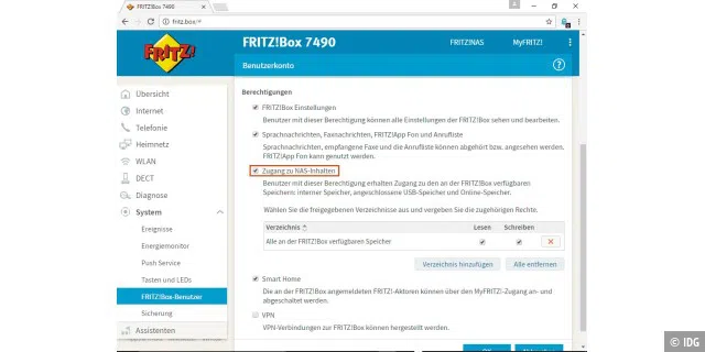 Damit Sie übers Netzwerk auf den internen und den USB-Speicher der Fritzbox zugreifen können, aktivieren Sie bei Ihrem Benutzerkonto die entsprechende Berechtigung.