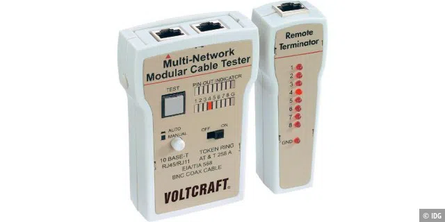 Netzwerkkabelproblemen kommt man mit speziellen Testgeräten (im Bild: Voltcraft CT-1 von Conrad Elektronik, rund 70 Euro) besser auf die Spur.