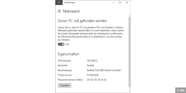 Unter Windows 10 heißt die Einstellung für den Netzwerkstandort und die damit verbundene Firewall-Konfiguration jetzt „Dieser PC soll gefunden werden“.