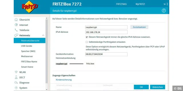 Feste IP-Nummer: Server sollten im Netzwerk immer über dieselbe Adresse erreichbar sein. Bei einer Fritzbox lässt sich das für jedes einzelne Gerät festlegen.