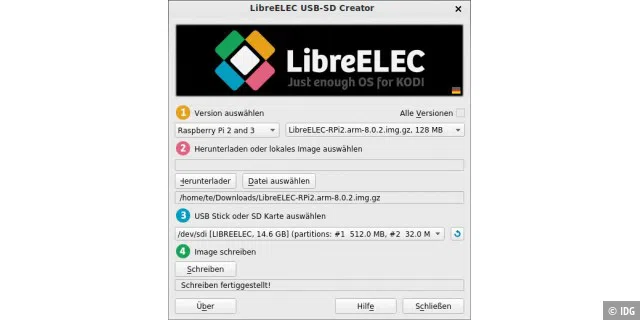Libre Elec installieren: Dieses Installationstool richtet das System auf einer SD-Karte für den Raspberry Pi oder auf USB-Stick für einen PC ein.