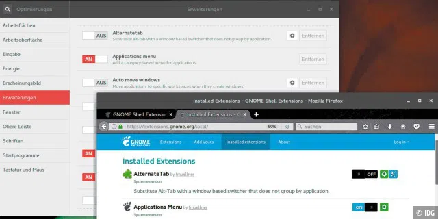 Gnome-Erweiterungen über das Gnome-Tweak-Tool verwalten oder https://extensions.gnome.org/.