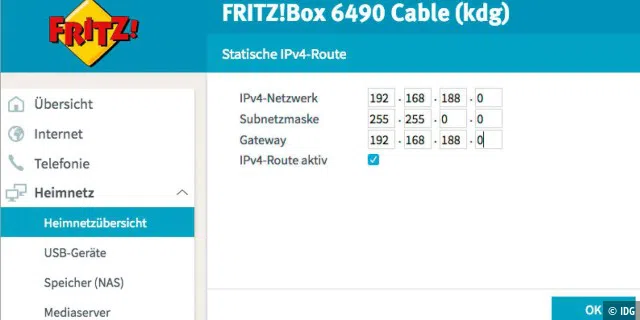 Mit dem Instrument „IP4-Routen“ machen Sie die Fritzbox mit dem von Ihnen definierten Netzwerk bekannt.