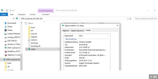 Blick in die Versionsnummer von Setup.exe zeigt: Es handelt sich um das Windows-10-Installationsmedium mit Fall Creators Update