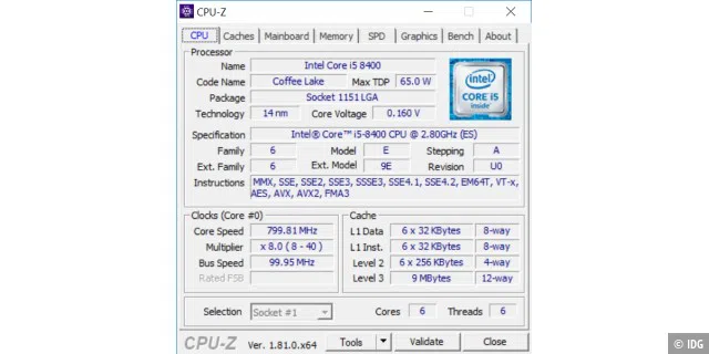 Die technischen Daten des Intel Core i5-8400 im Überblick.