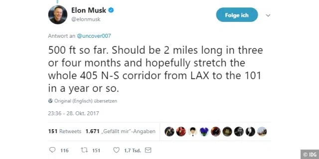 Hier Tweetet der SpaceX-Chef über das Tunnel-Projekt.