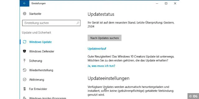 Im Bereich „Updatestatus“ finden sie einen Hinweis, sobald Windows 10 Version 1709 verfügbar ist.