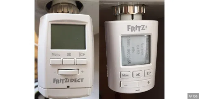 Links Fritz Dect 300, bei der sich das Display immer nach wenigen Sekunden abschaltet, um Strom zu sparen. Rechts Fritz Dect 301 mit dauerhaft ablesbaren Display.
