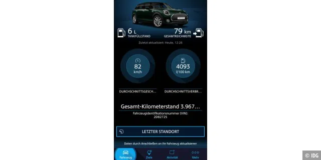 Tankfüllstand und Restreichweite überträgt das Auto an die App, wenn diese mit dem Wagen verbunden wird. Aber nicht per SIM, sondern via Bluetooth oder Kabel.
