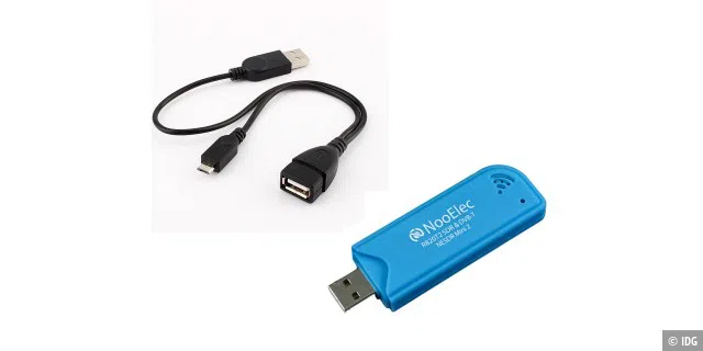 Neben einer DAB-App fürs Smartphone benötigt man für den Empfang von Digitalradio einen USB-OTG-Y-Adapter sowie einen speziellen USB-Tunerstick.