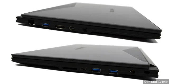 An der linken Seite befinden sich ein normal großer LAN-Anschluss, USB 3.0, HDMI 2.0, Mini-Displayport 1.3 und ein Klinken-Kombi-Anschluss. Auf der rechten Seite ein SD-Speicherkartenleser, Thunderbolt 3 Typ-C und wieder USB 3.0, der Stromanschluss sowie ein Kensington-Lock.